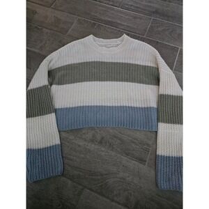 Moon & Madison Striped‎ Crew Pullover Crop Sweater Blue Green White Colorblock